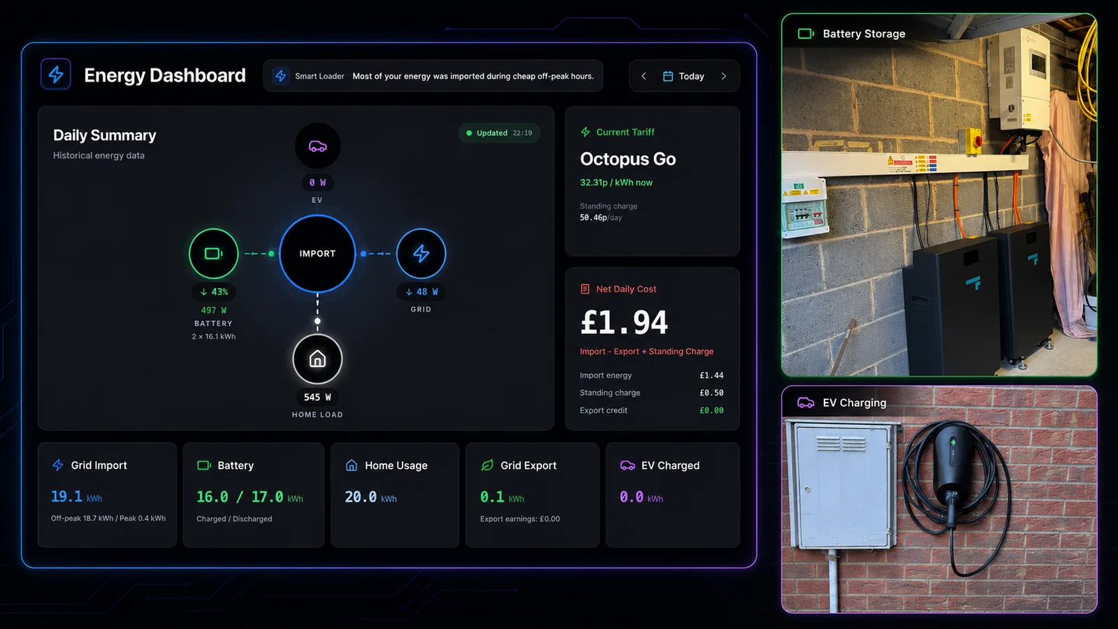 Carl Harvey's 1app.energy customer proof showing dashboard, Solis and Fogstar battery storage, and Zappi Glo EV charging