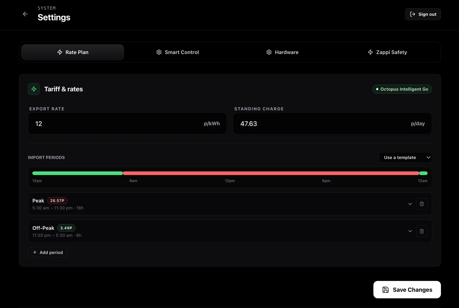 1app.energy Rate Plan settings showing Octopus tariff rates, export rate, standing charge and import periods for onboarding