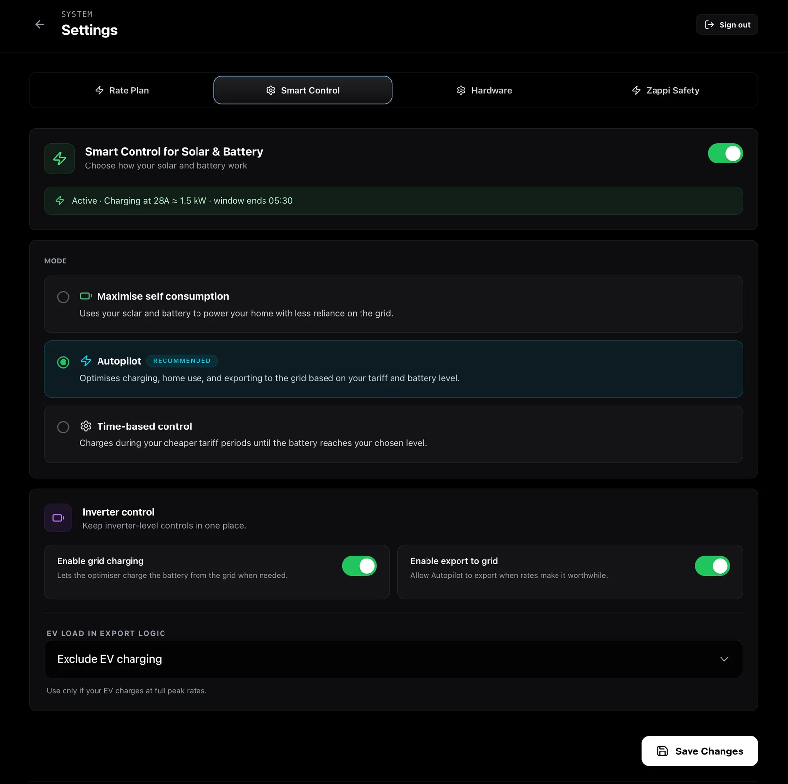 1app.energy Smart Control settings showing Autopilot, self-consumption, time-based control, grid charging and export controls