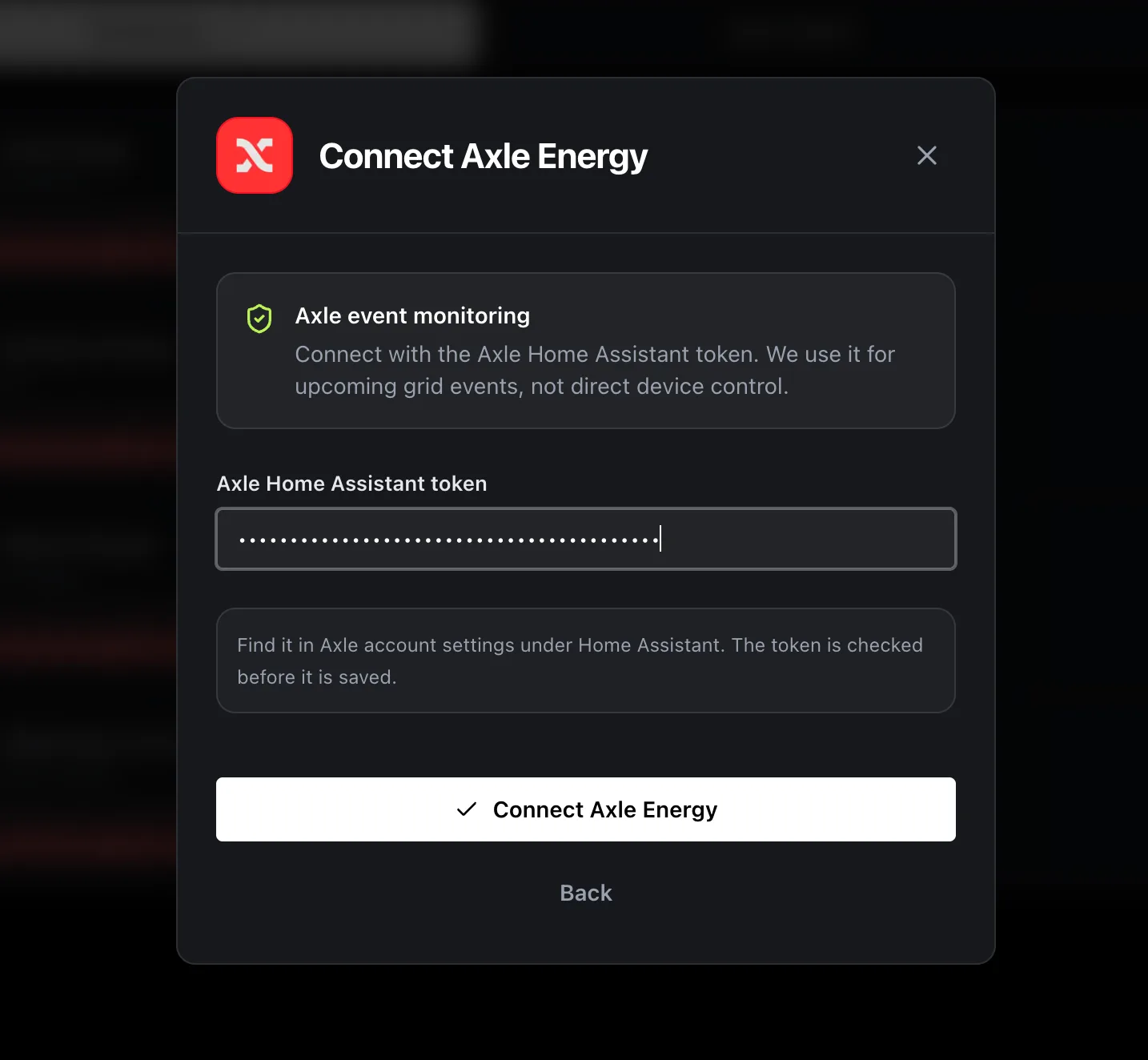 1app.energy Connect Axle Energy screen with a Home Assistant token field and Connect Axle Energy button