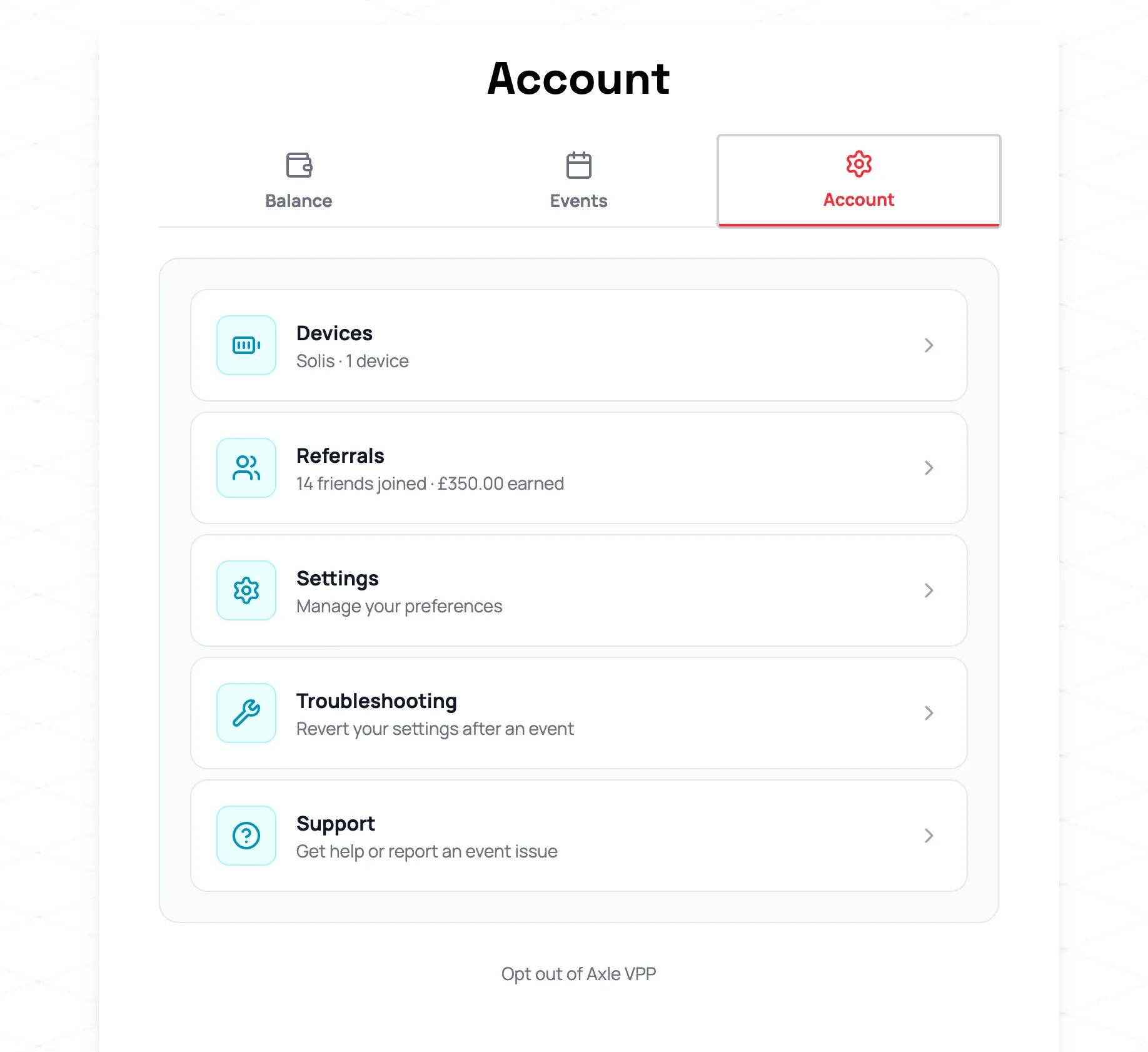 Axle Energy Account page showing the Settings option under the Account tab