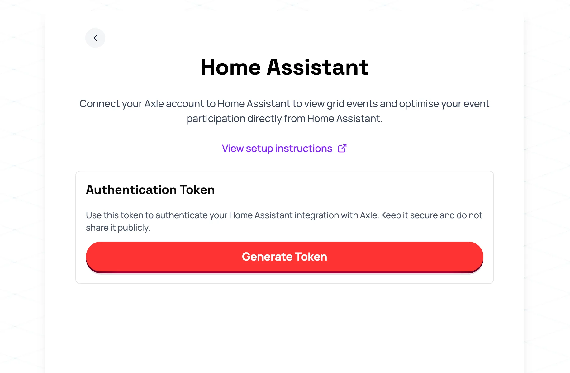 Axle Energy Home Assistant page with the Generate Token button