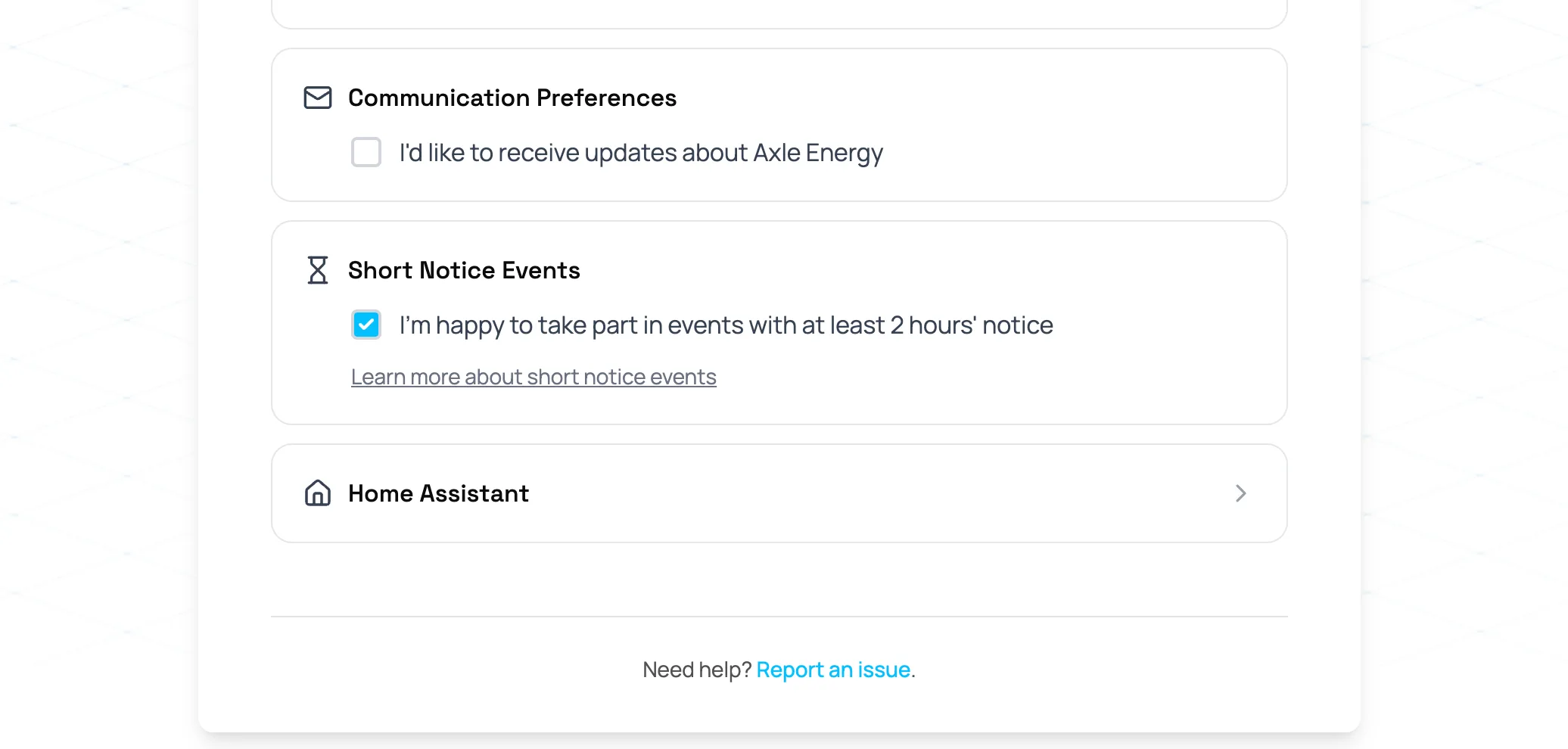 Axle Energy settings page showing the Home Assistant option near the bottom