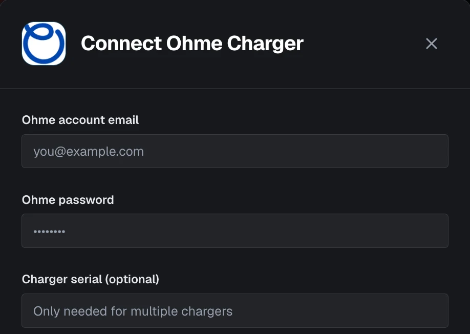 1app.energy Connect Ohme Charger screen with Ohme account email, Ohme password and optional charger serial fields