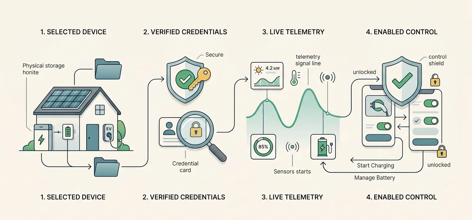 Four-stage home energy setup diagram showing selected device, verified credentials, live telemetry and enabled control before a solar battery EV app can trust the connection
