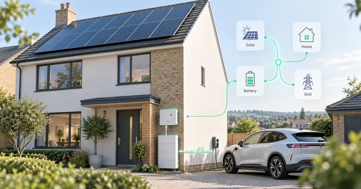 UK solar home with a SigEnergy-style battery and inverter, EV charger and whole-home energy flow for SigEnergy monitoring in 1app.energy
