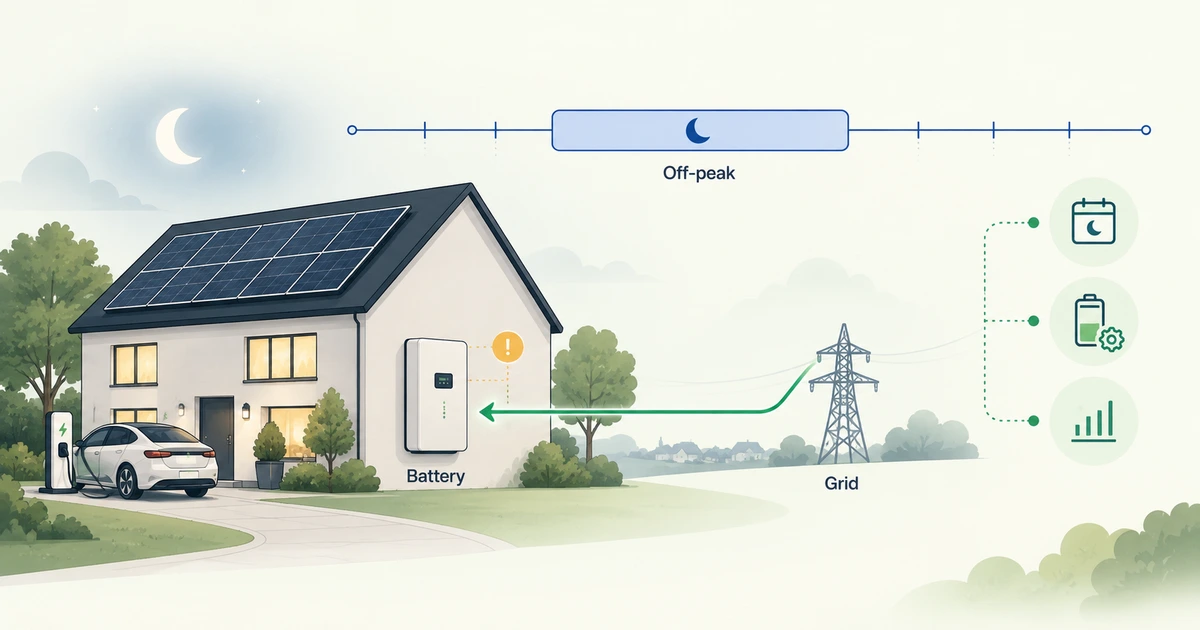 Illustrated UK solar home at night showing an off-peak tariff window, grid connection and Solis-style home battery check